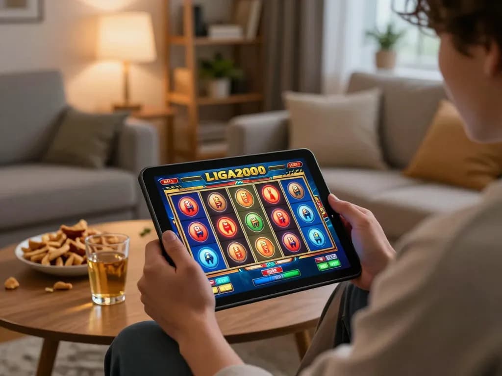 Experience thrilling gameplay with LIGA2000 slot games on a tablet in a cozy home setting.