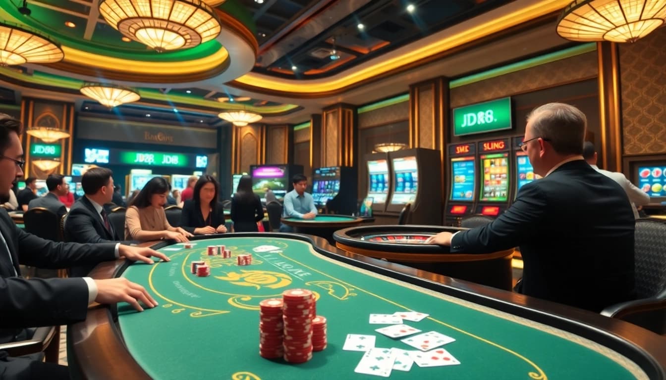 Hoạt động trực tiếp đầy cuốn hút từ Trang chủ JD88, giới thiệu trải nghiệm casino sôi động với người chơi tại bàn poker.