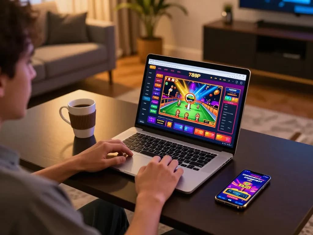 Engaged player enjoying online casino games at 789P on laptop in cozy home setting.