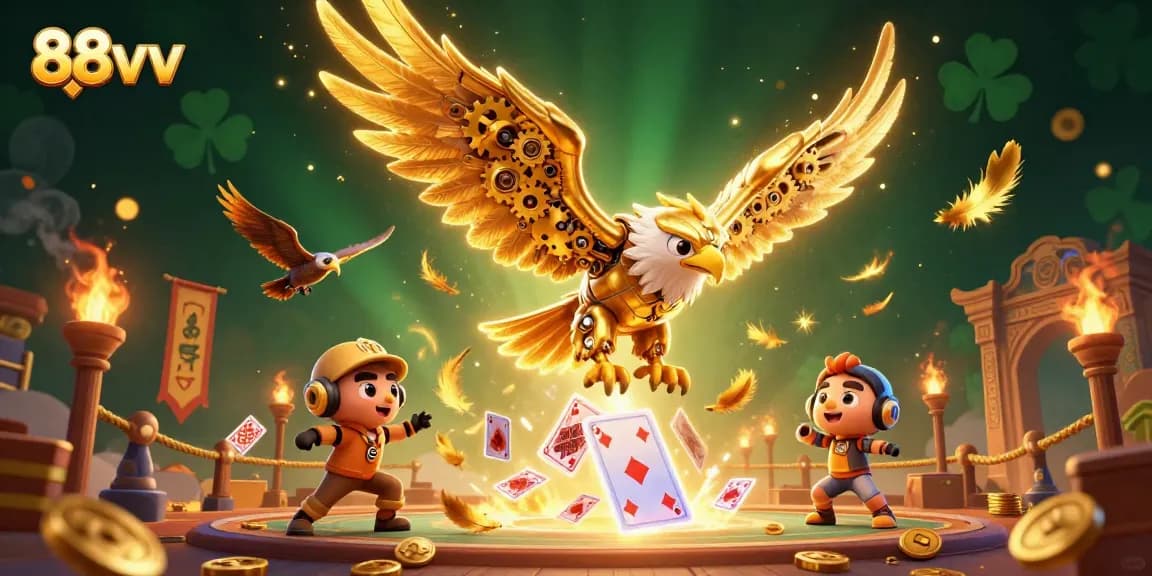 Engage in thrilling gameplay with the 88vv cybernetic eagle amidst a casino-themed spectacle.