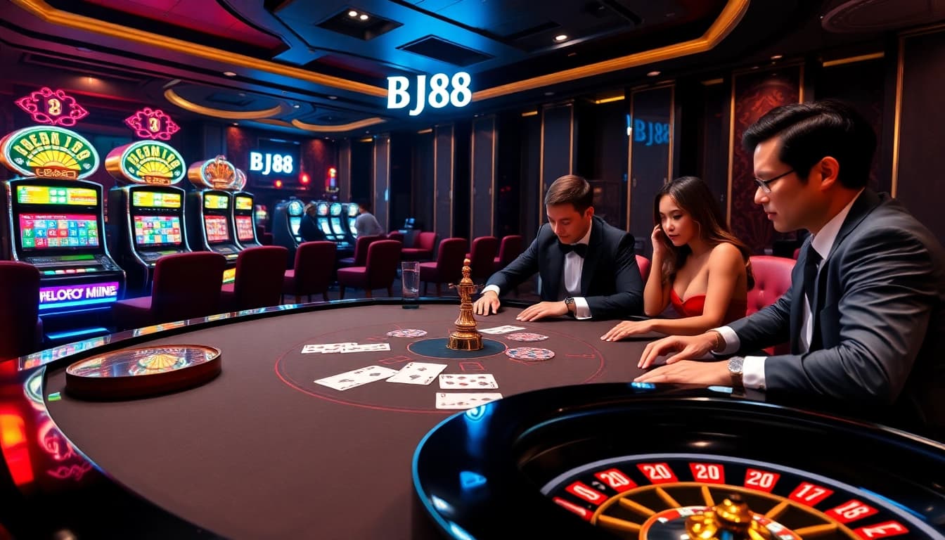 Engage with BJ88's thrilling slot games and vibrant casino tables in a luxurious setting.