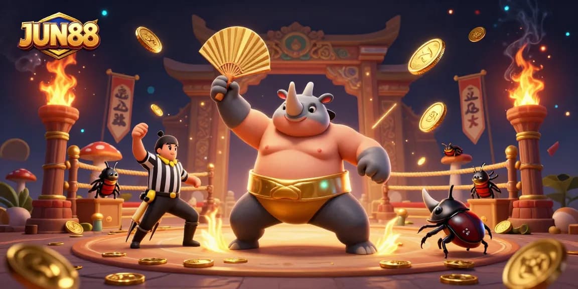 Experience thrilling chaos at JUN88 with a vibrant casino showdown featuring coin-strewn action.