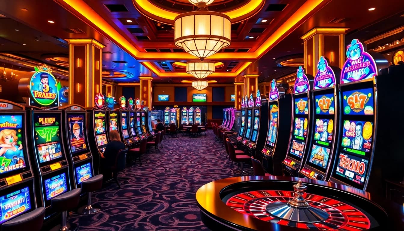 Suasana permainan yang menarik menampilkan mesin slot apk di lingkungan kasino mewah dengan pencahayaan cerah.