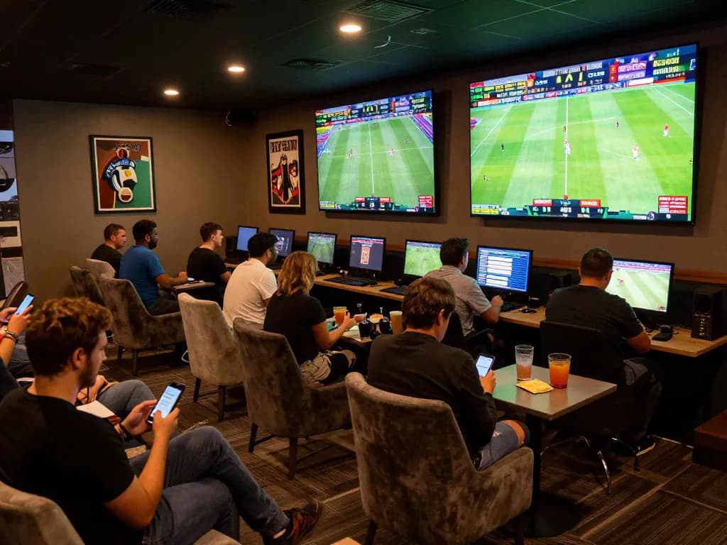 Engaged bettors using mobile devices at AU88 sports betting lounge during match