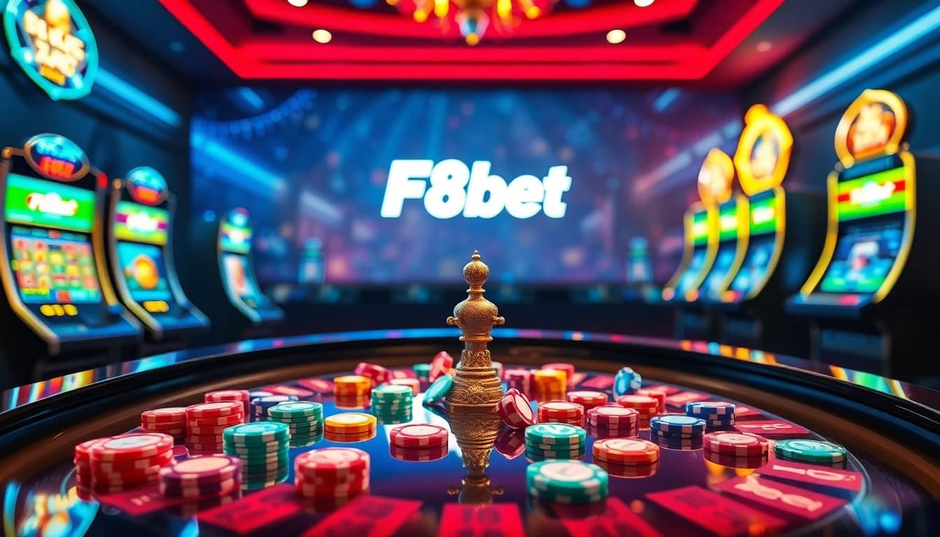 F8bet provides a thrilling online casino experience with vibrant roulette, slots, and poker chips.