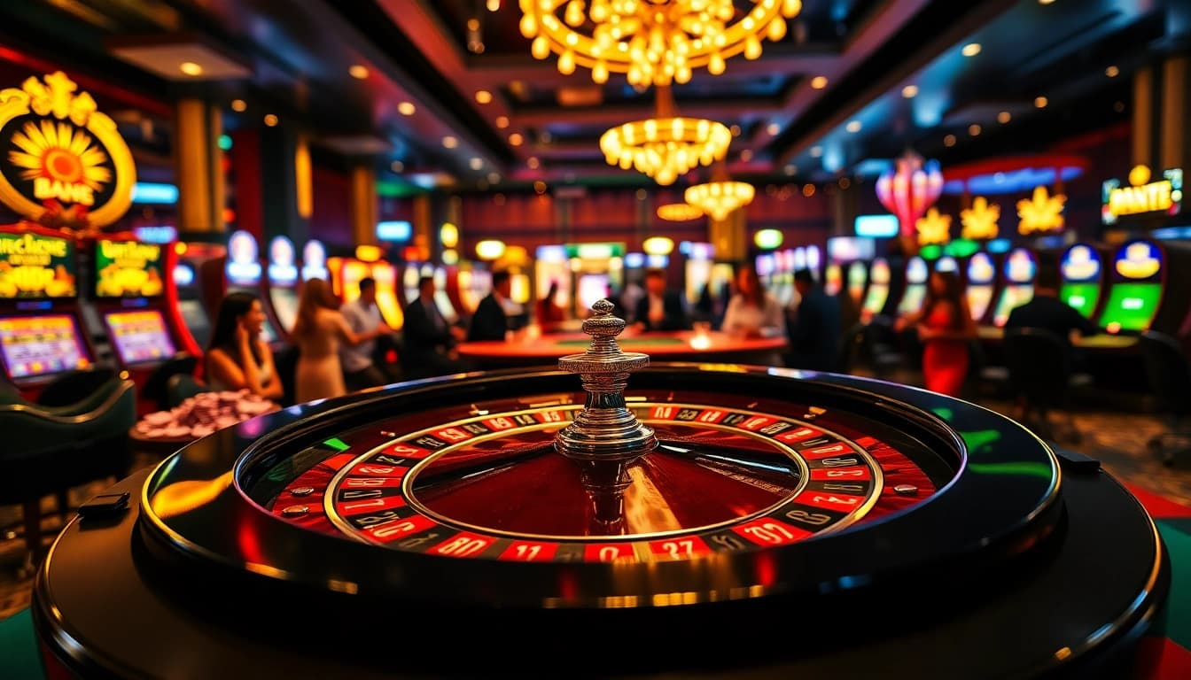 Betrupi Giriş ile heyecan verici bir casino deneyimi, renkli rulet masası ve neşeli oyuncular.