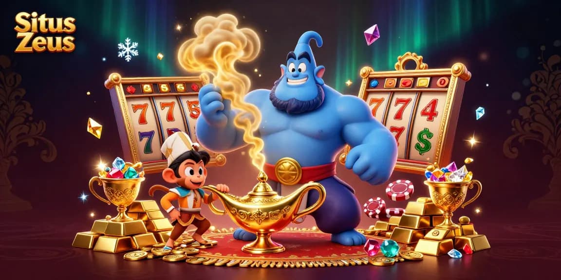 Situs Zeus captivates players with a vibrant illustration of slot games featuring a magical genie, enhancing winning opportunities.