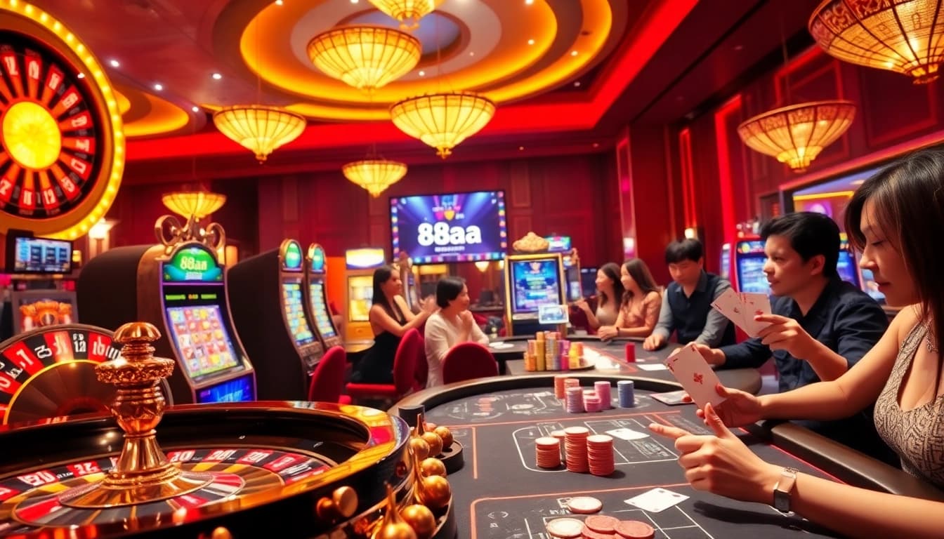 Experience the excitement of 88aa in a luxurious casino setting featuring roulette and poker games.