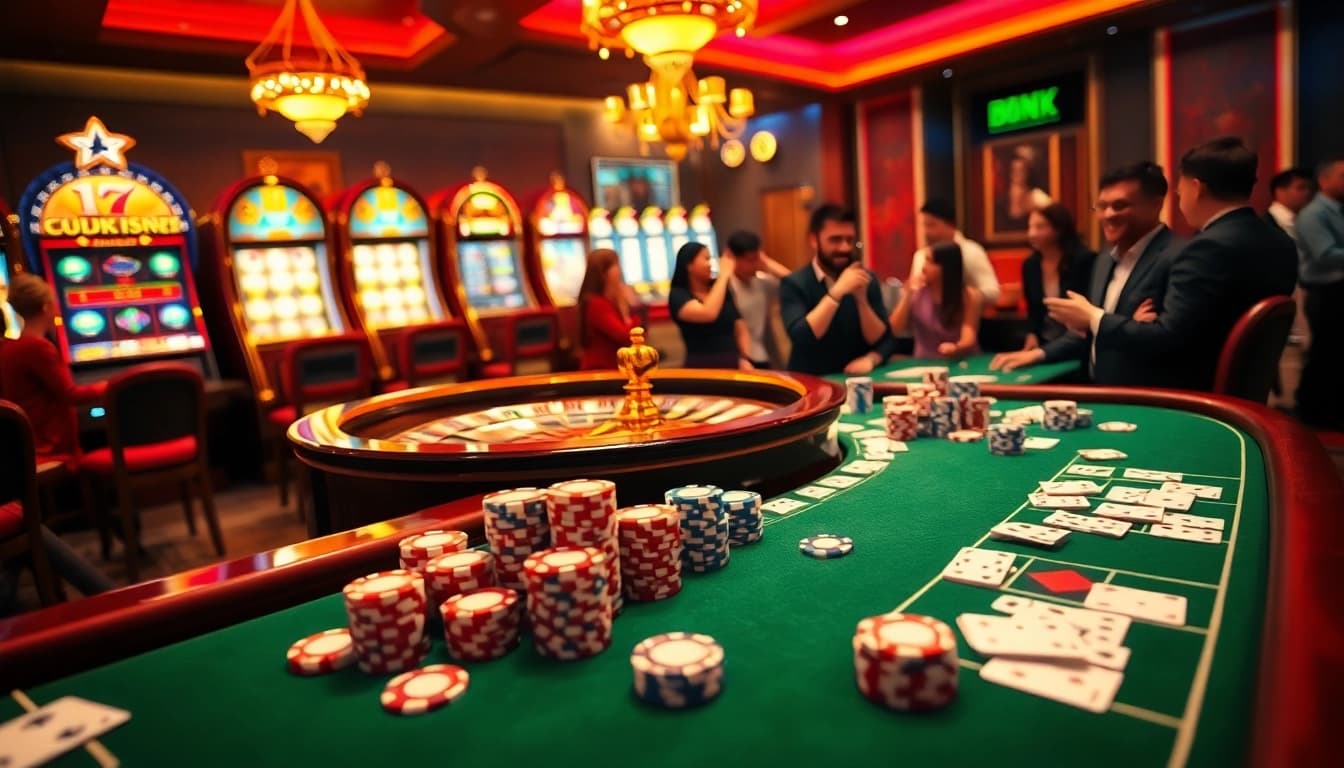 Exciting scene of players engaging in game bài đổi thưởng at a vibrant casino table.