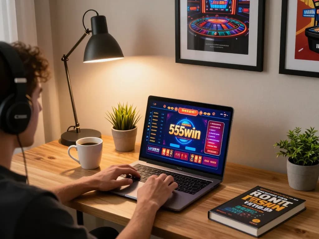 Player engaging with 555win online casino on laptop in cozy home setting, showing focus and strategy.