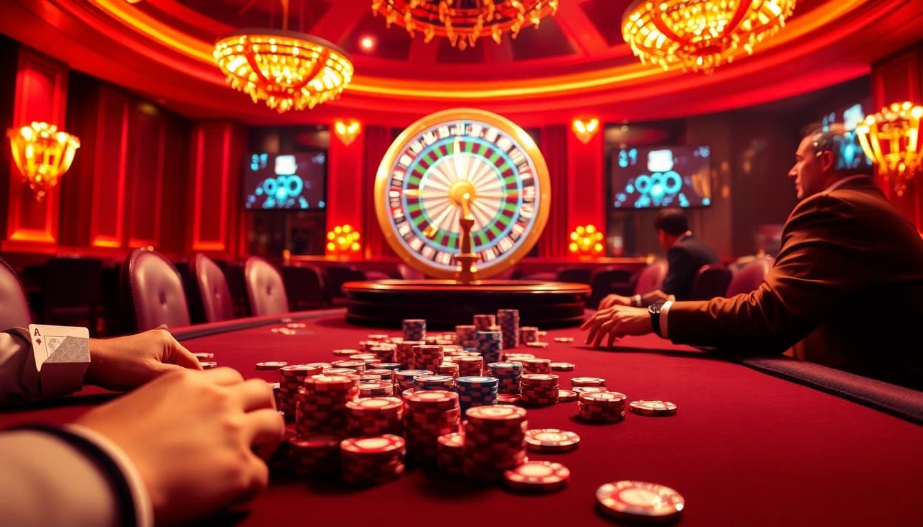 Experience the thrill of DF999 with vibrant casino elements including poker chips, roulette, and immersive games.