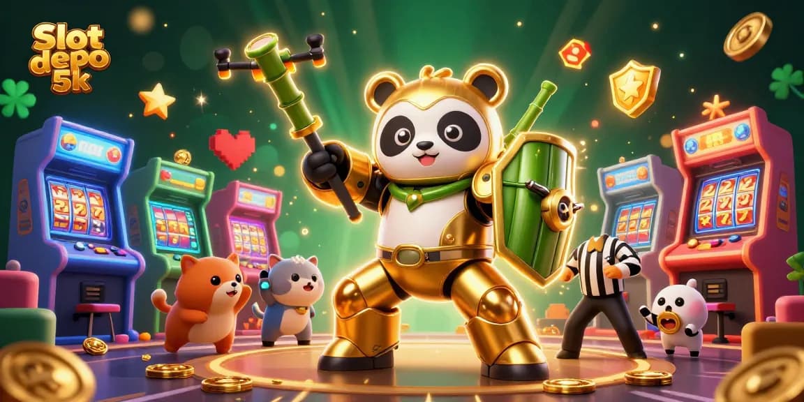 Experience the excitement of Slot depo 5k with a thrilling mech-suit panda in a vibrant casino scene.