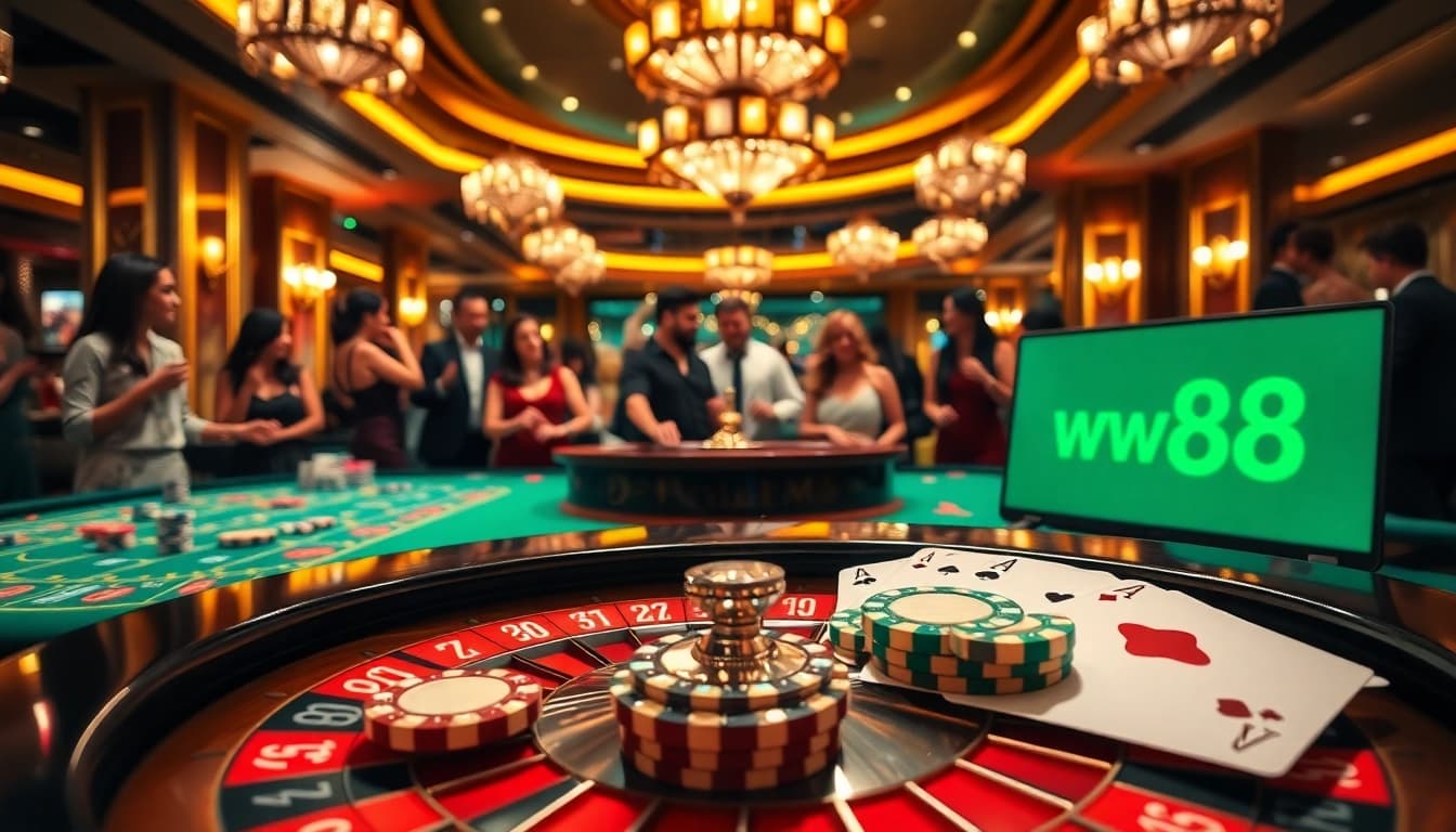 Engage in thrilling gameplay at ww88's luxurious casino tables with poker chips and cards.