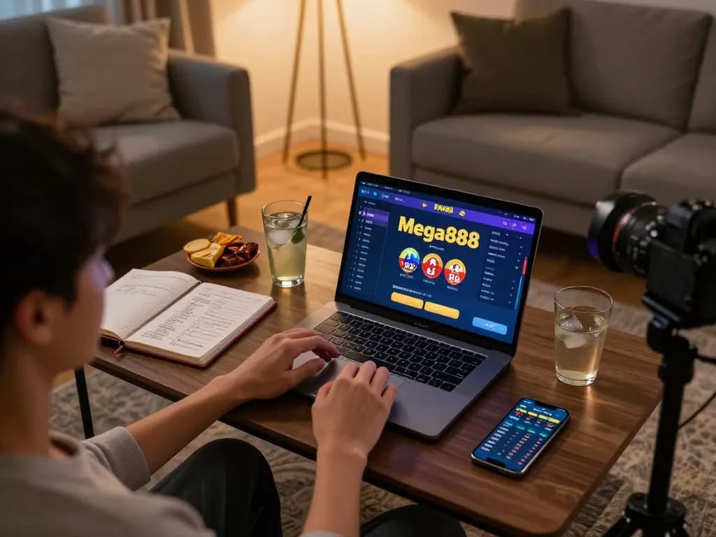 Mega888 online gaming experience showcasing a player engaged with the app in a cozy environment.