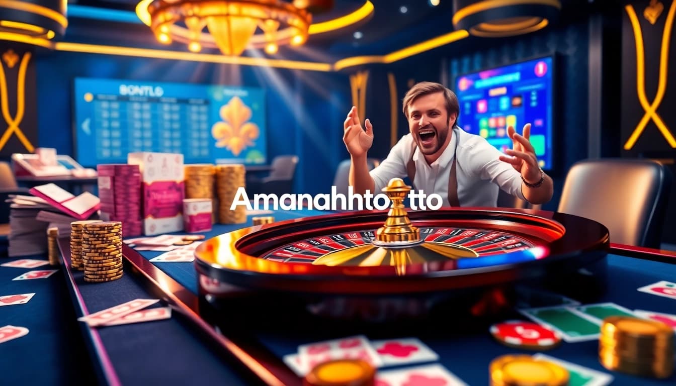 Excited players winning at Amanahtoto online gambling with vibrant casino elements.
