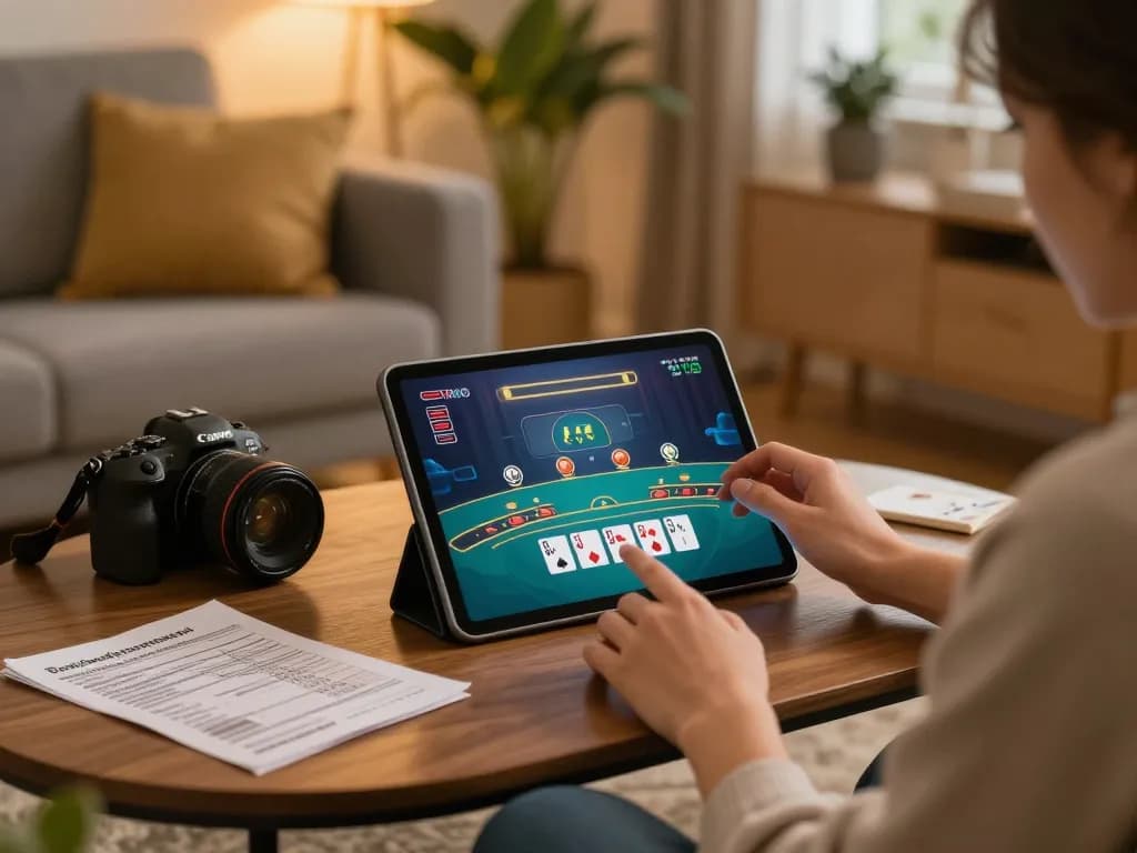 C168 player engaging in online blackjack while managing bankroll notes in a cozy home setting