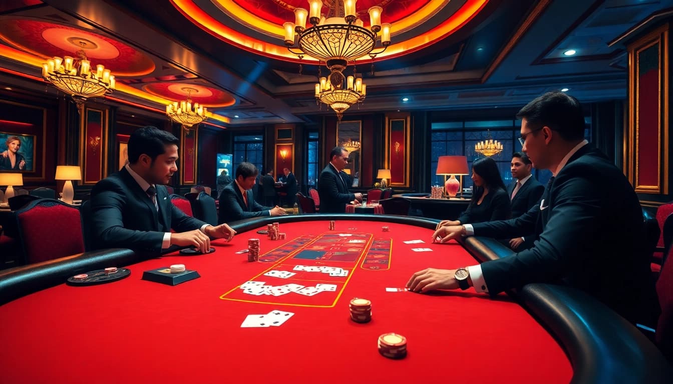 SboBet link login action at a luxurious casino table with intense players and chips.