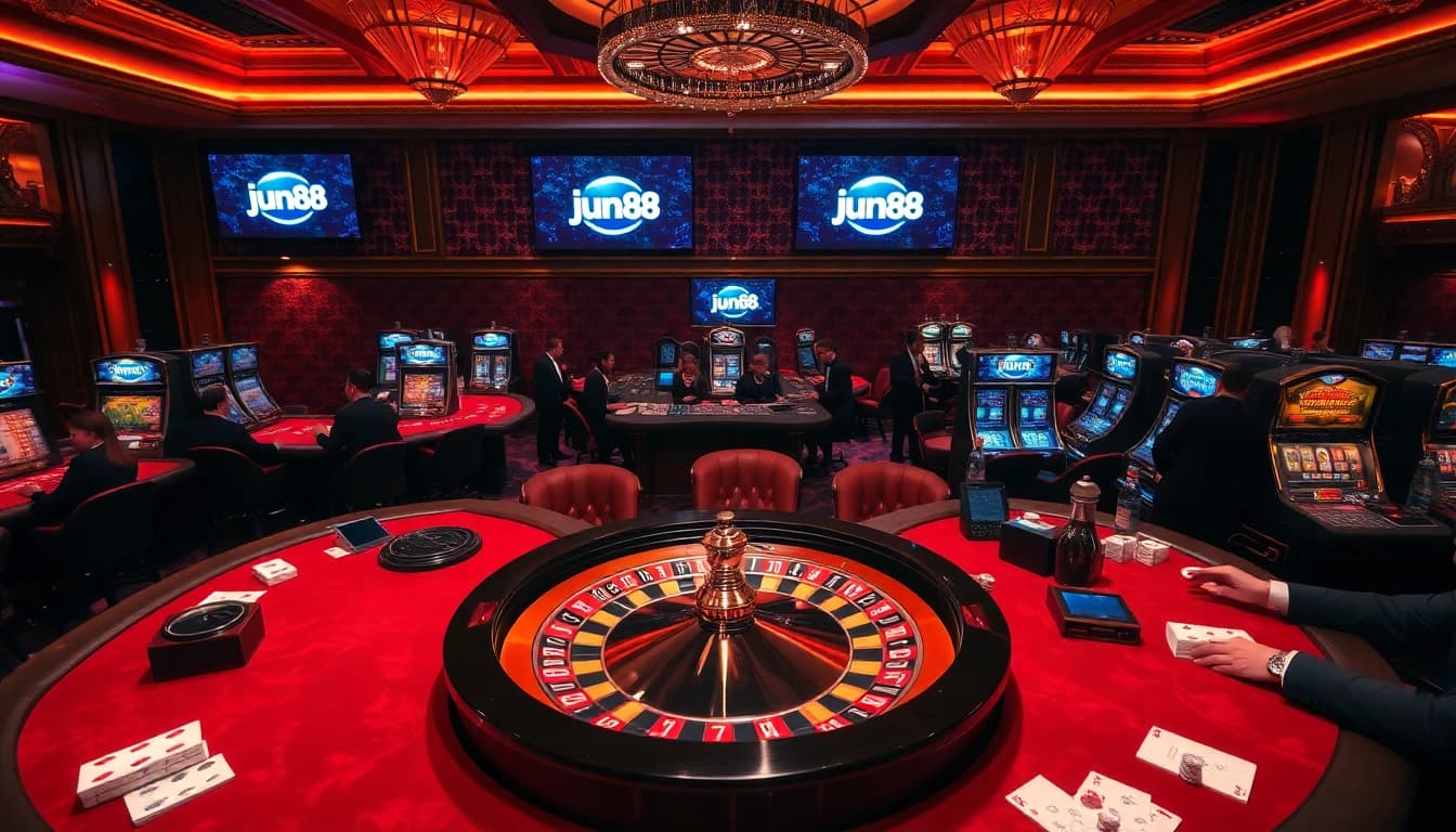 Experience thrilling gameplay at jun88's lavish casino with vibrant gaming tables and engaging players.
