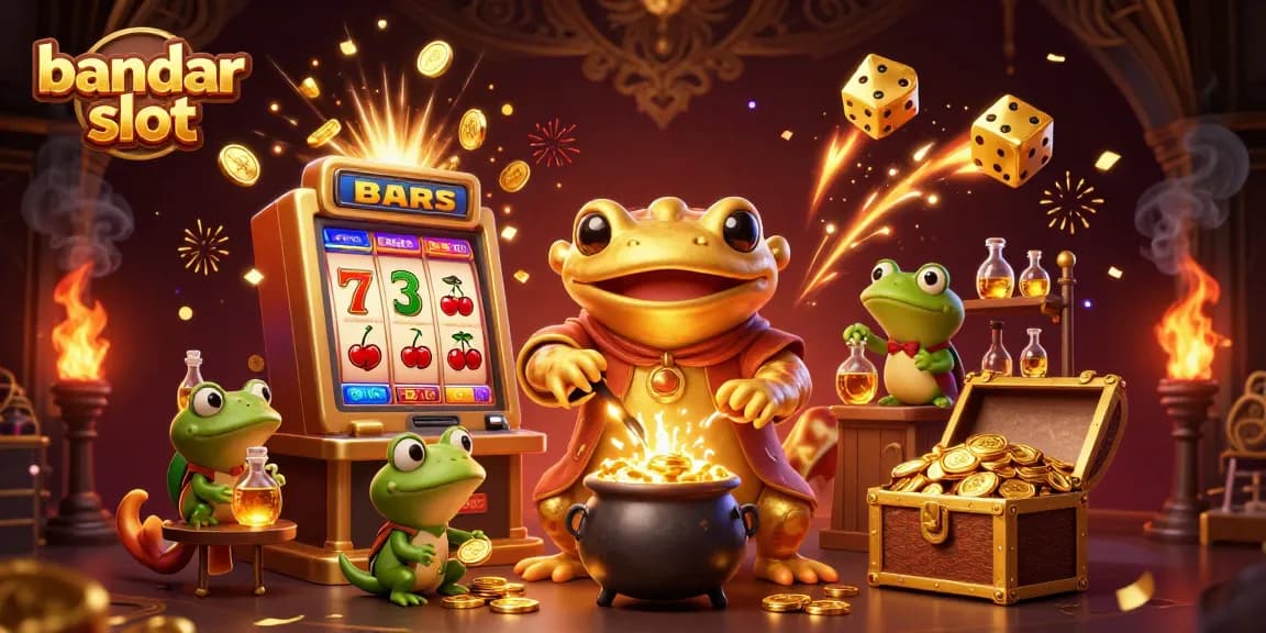 Experience the excitement of bandar slot with this dynamic illustration featuring alchemy and jackpots bursting with coins.