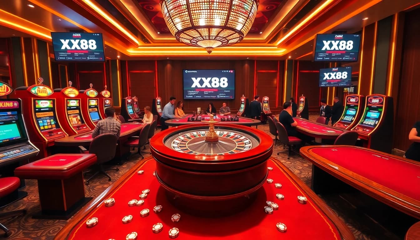 Players engaged in thrilling games at XX88's luxurious casino setup.