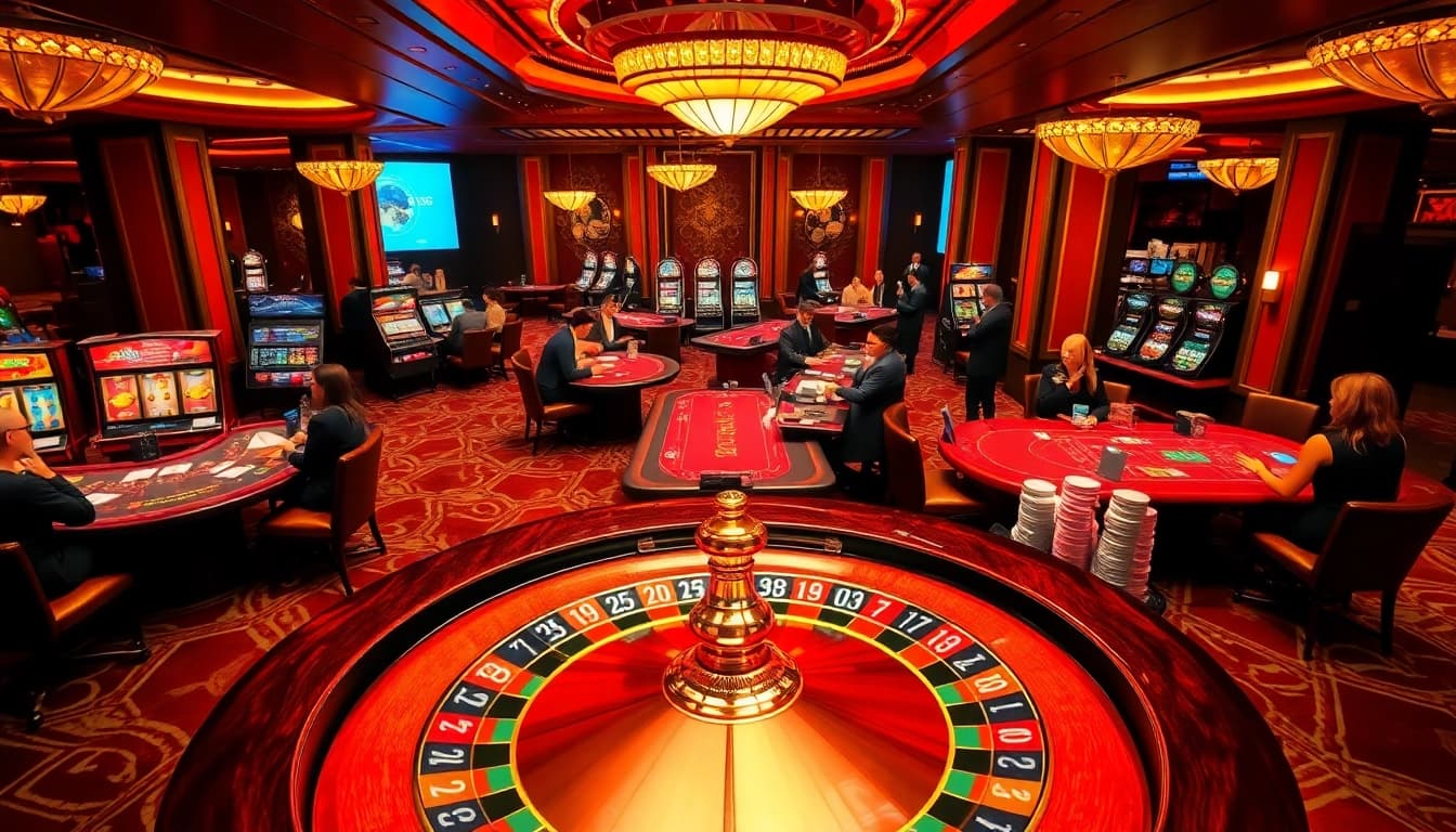 SODO casino scene featuring luxurious tables, bright slot machines, and engaging gamblers in an upscale environment.