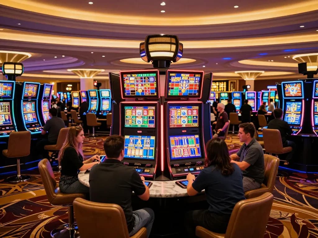 Players engaging with colorful slot machines at Meroope's casino, showcasing a vibrant gaming atmosphere.