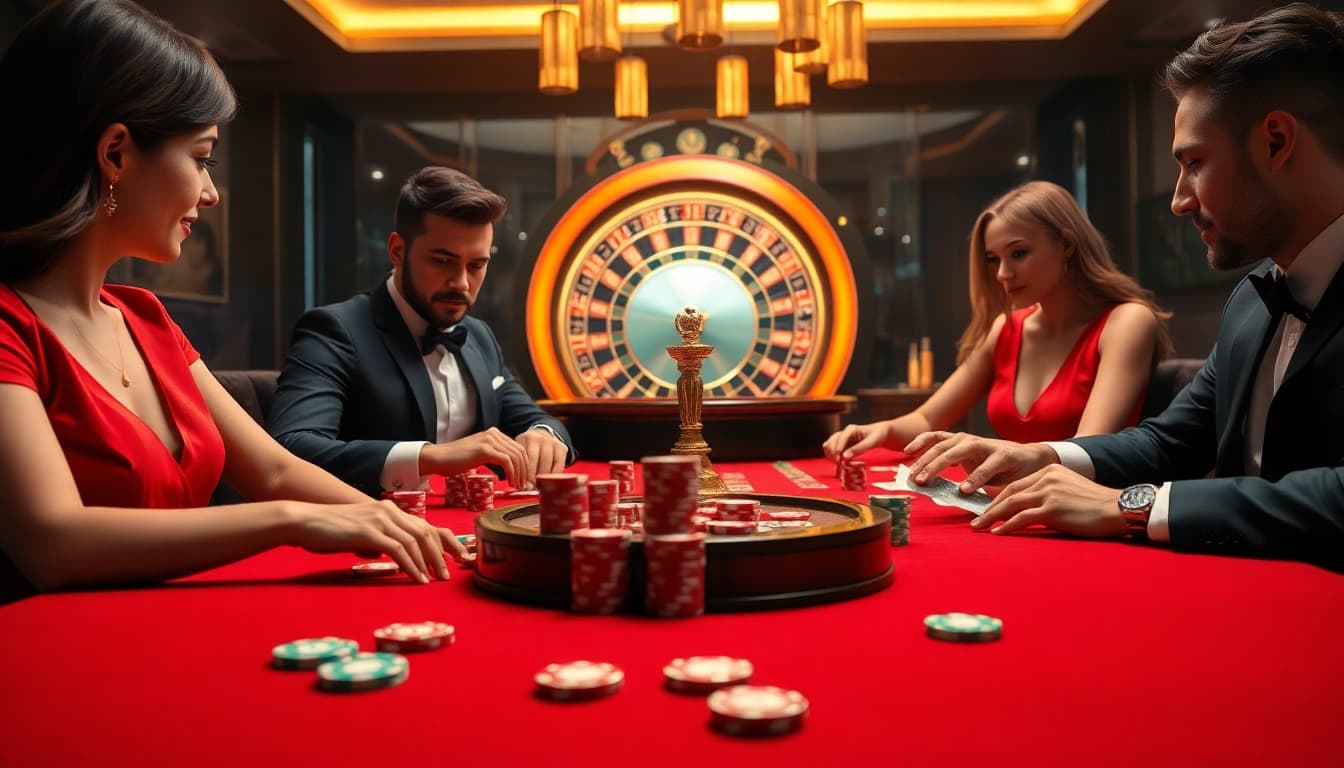 8DAY casino scene featuring poker players, colorful chips, and roulette wheel highlighting a thrilling atmosphere.