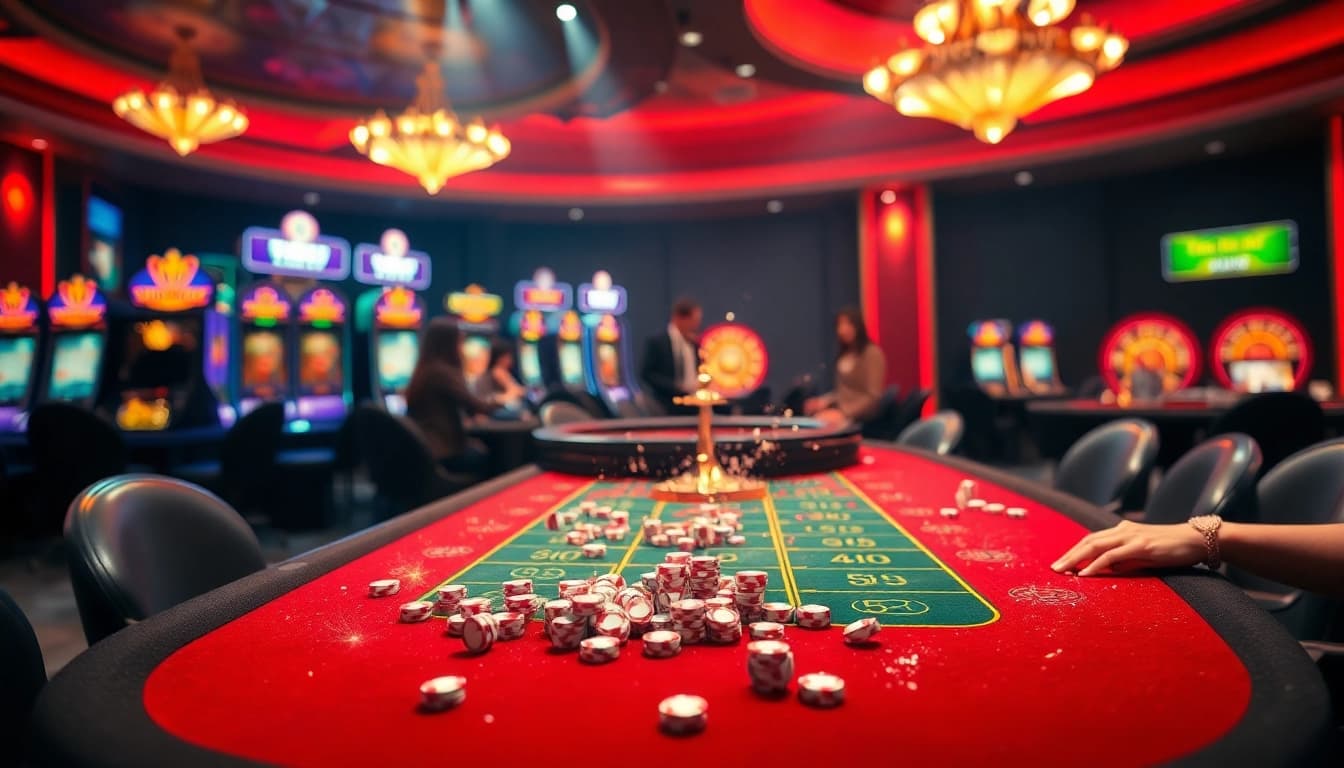 Exciting gambling scene at EE88, featuring vivid casino tables, chips, and players betting.
