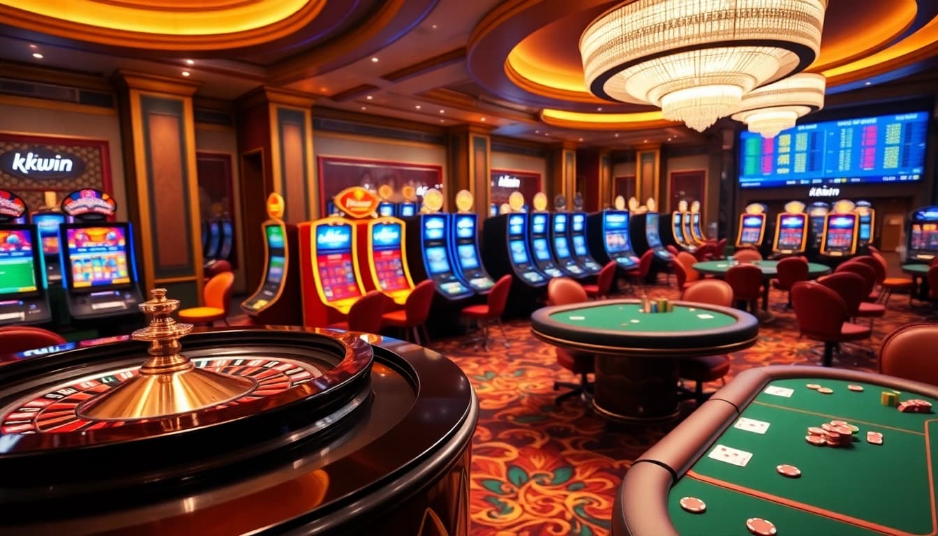 Kkwin showcases a vibrant casino scene with roulette wheels and poker tables, highlighting excitement in gambling.
