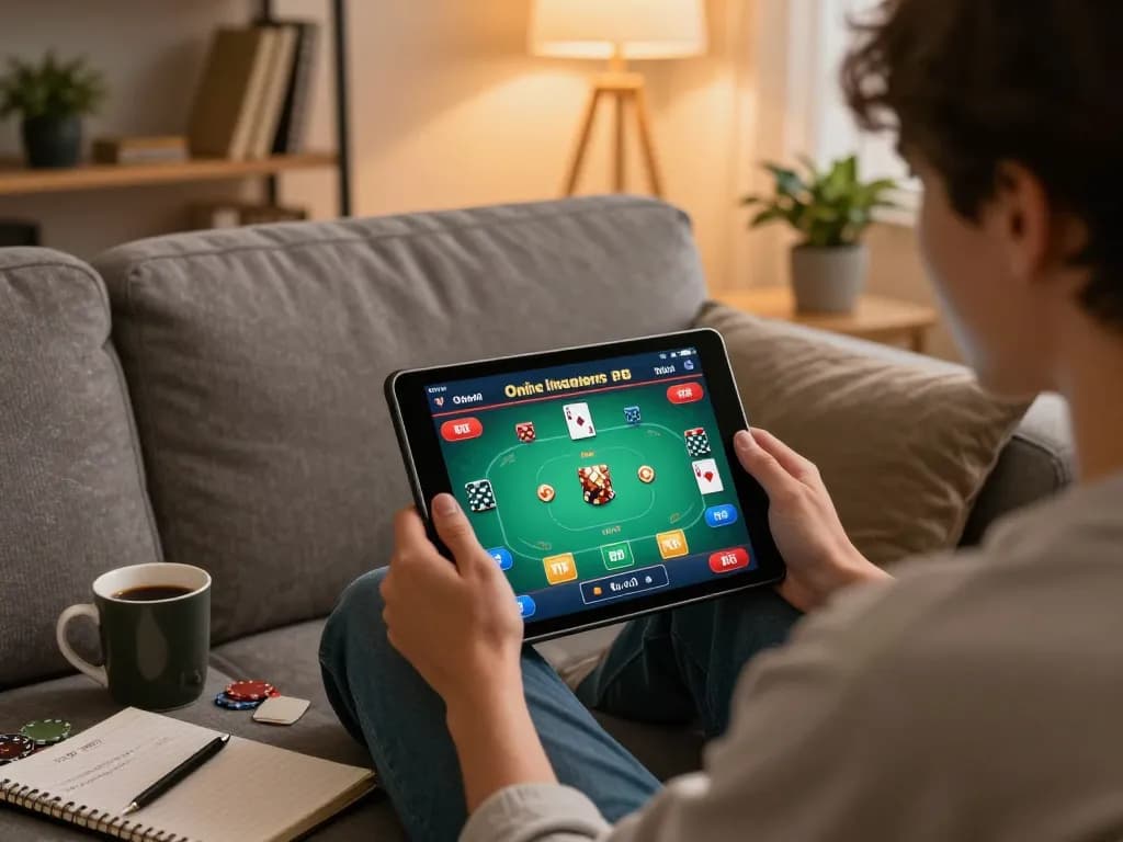 Engaged player utilizing nhà cái fun79 app on a tablet in cozy home setting while analyzing poker strategies.