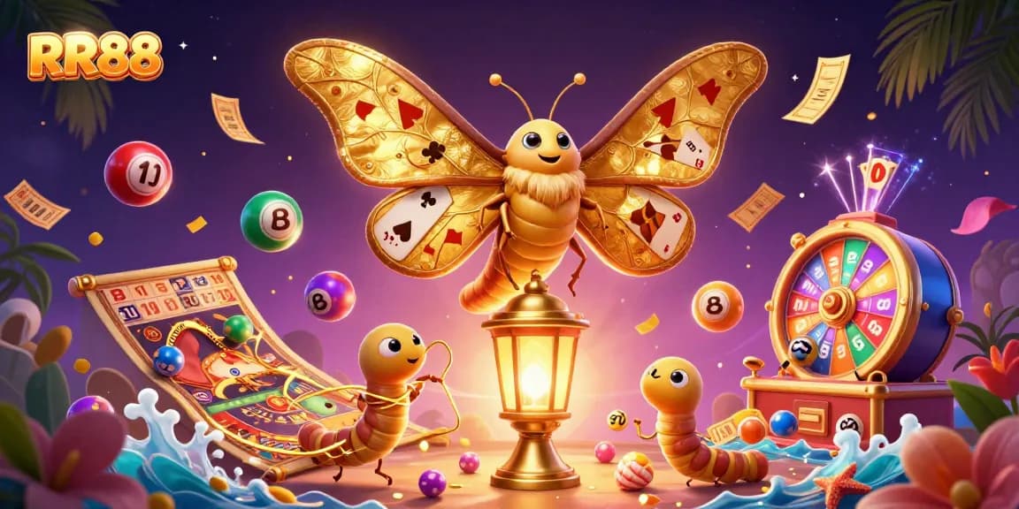 Experience the thrill of RR88 as a cartoon moth guides players through a vibrant casino scene.