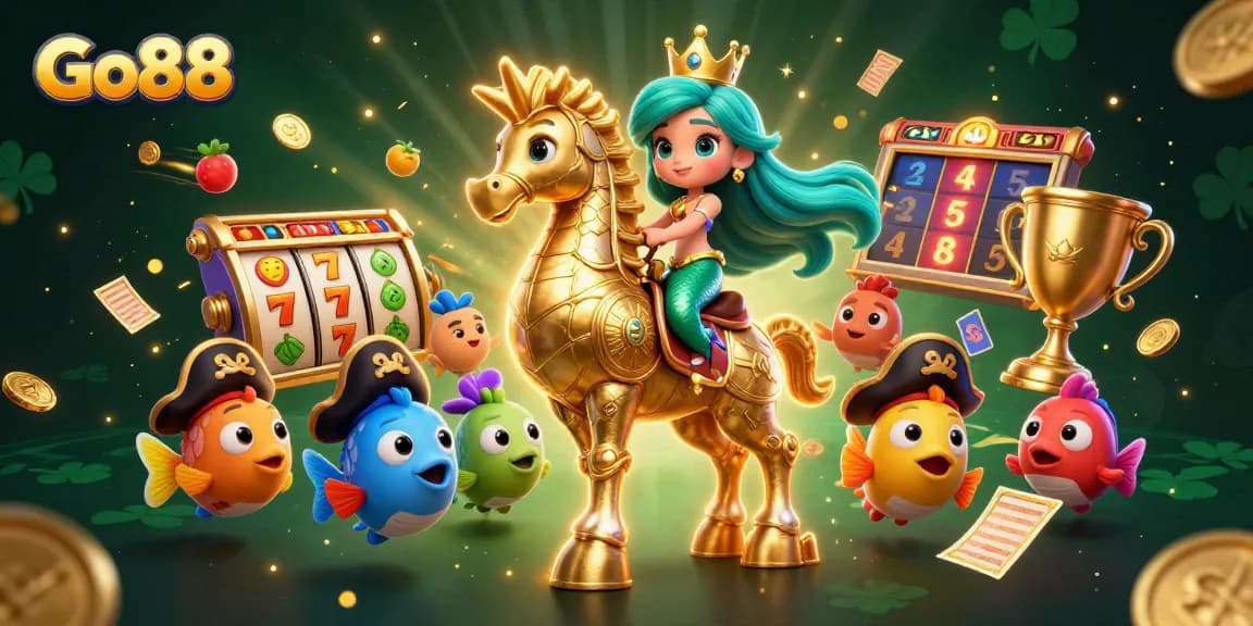 Engage with Go88 as the mermaid princess rides a golden seahorse in this vibrant casino scene.