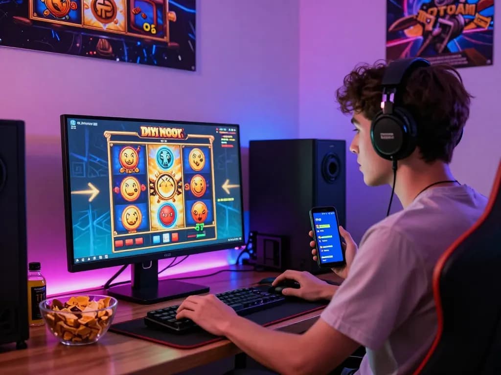 Engaged player enjoying kdslot online gaming, vibrant graphics, and 24/7 support atmosphere.
