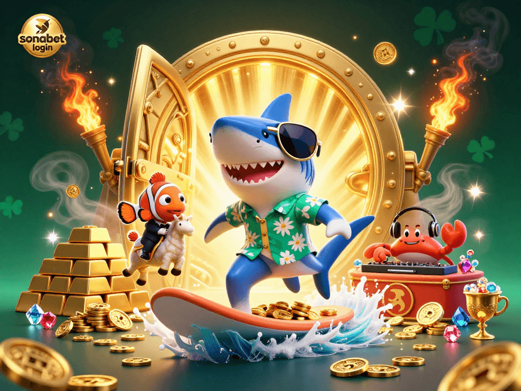 Experience the thrill of gambling with sonabet login on a dynamic scene featuring a shark surfing gold coins.