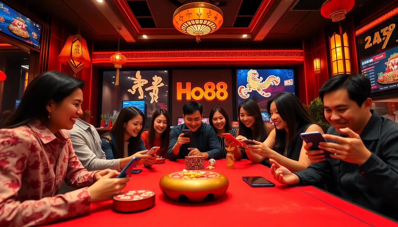 Ho88 offers a vibrant online gambling experience with players engaging in betting games, showcasing Vietnamese culture.