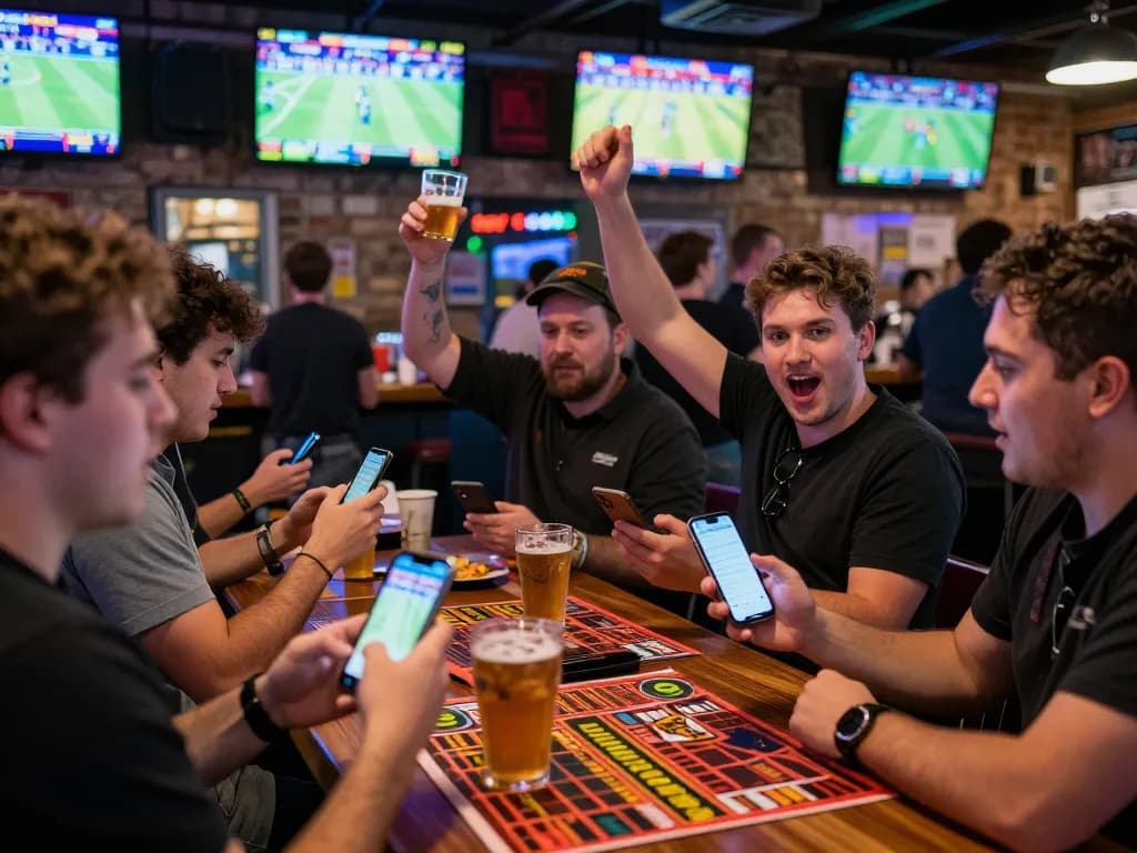 SBOBET users placing bets on mobile devices in a lively sports bar setting during live games.