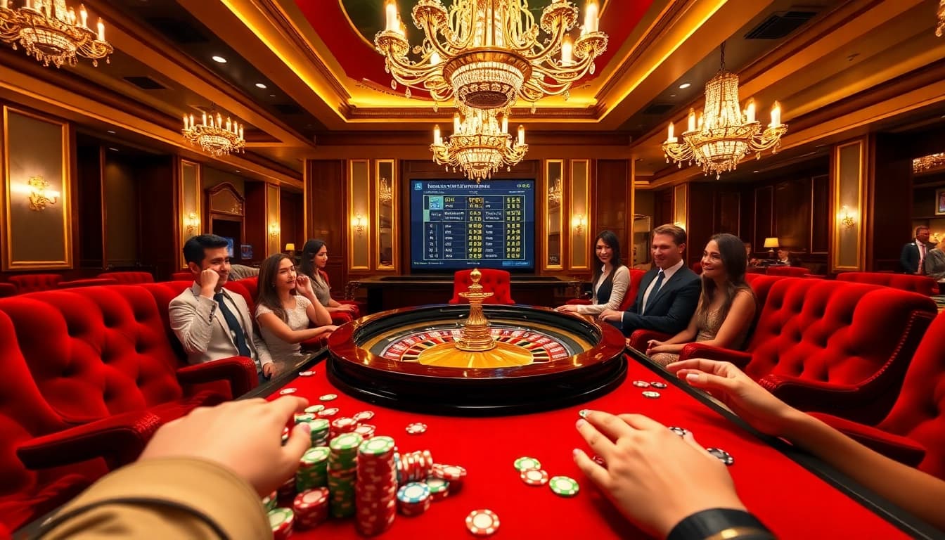 Excited players at a 58win roulette table experiencing luxury and thrill in a vibrant casino.
