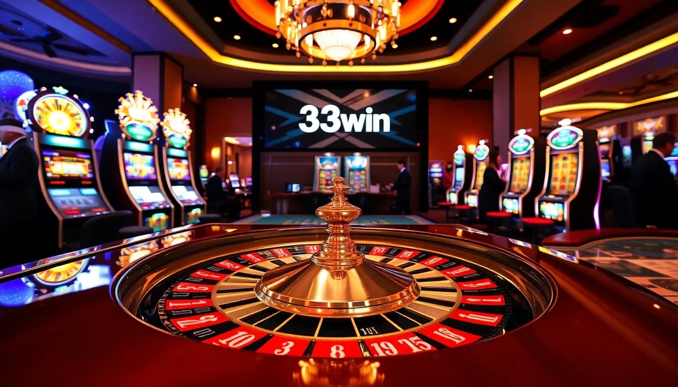 Exciting casino atmosphere with 33win logo on screens and vibrant roulette action.