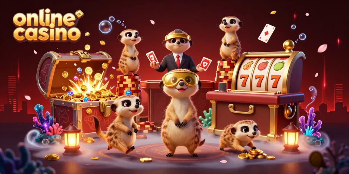 Engaging scene of meerkats managing an online casino with vibrant game elements and rich detail.