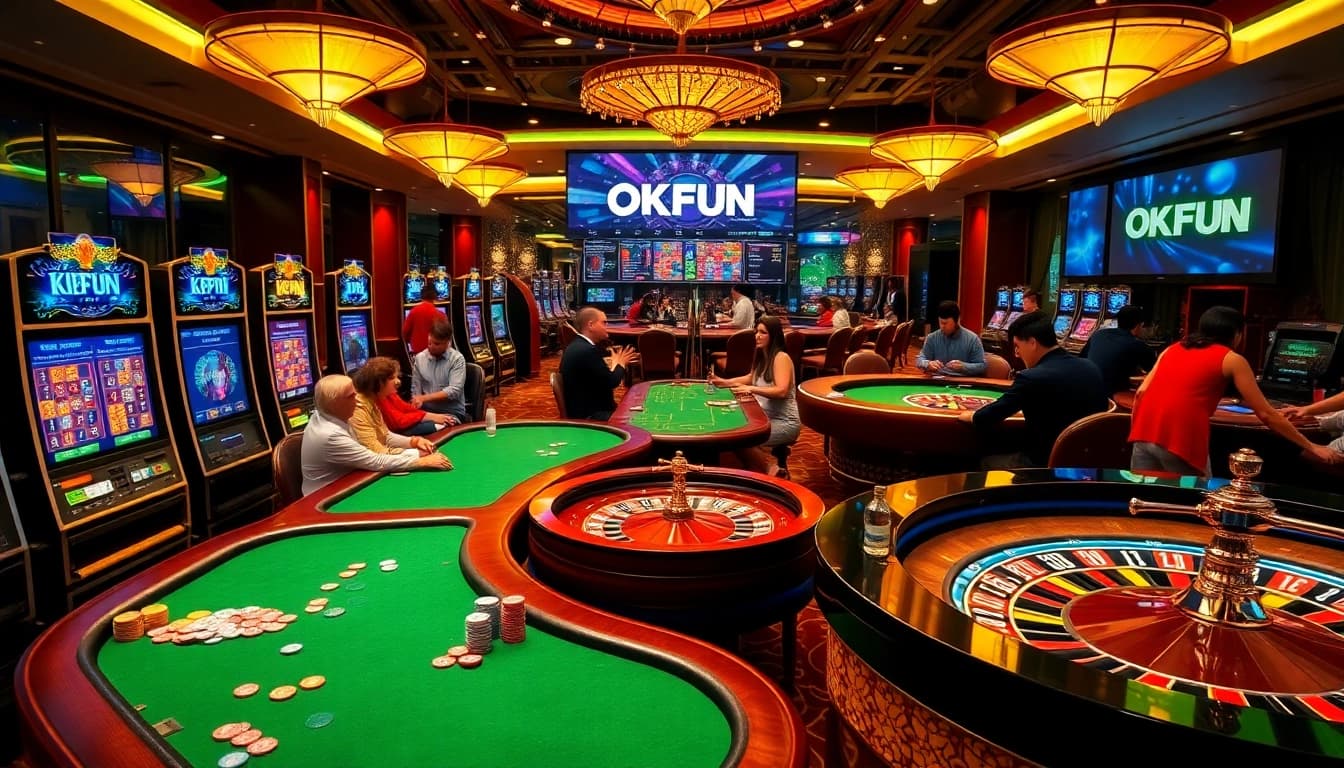 Exciting players engaging at OKFUN casino tables, showcasing vibrant games and thrilling odds.