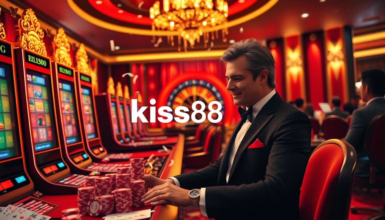 Kiss888 players celebrating a win at a stylish online casino, enjoying games like slots and roulette.