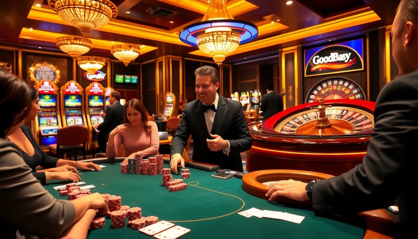 Players engage at a luxurious table, winning big at https://good88k.co/ with vibrant poker chips and cards.