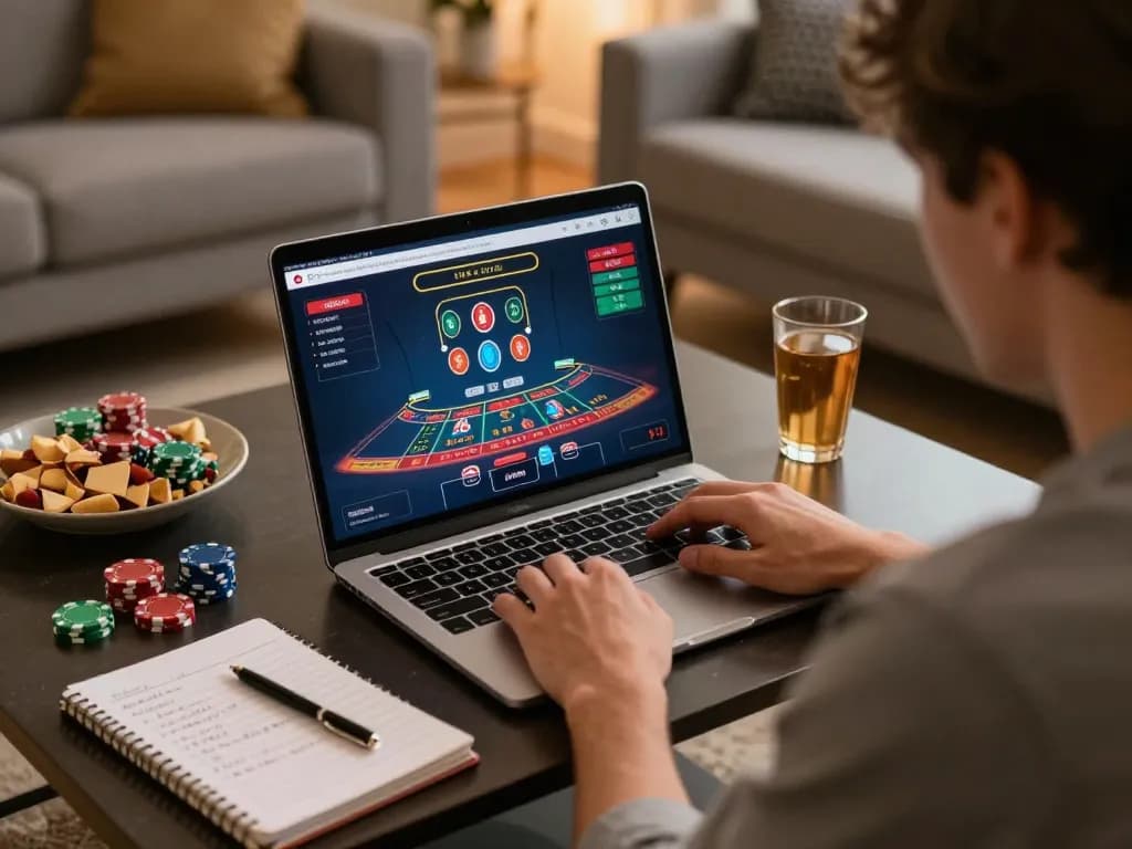 Player enjoying nk88 online blackjack in cozy home setting with strategic notes and engaging atmosphere.