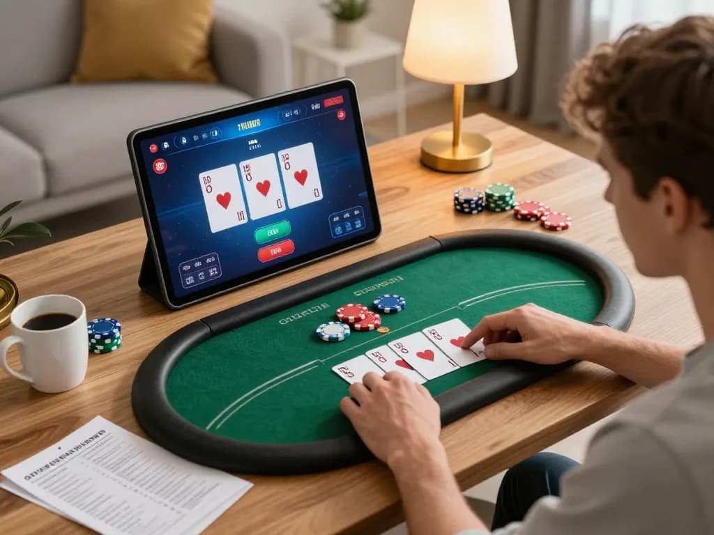 Betbdt user engaging in online poker from comfortable home setup, with vibrant game interface visible