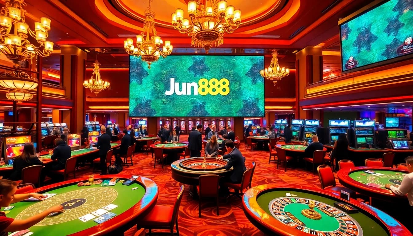 Experience the excitement of Jun88 at a luxurious casino table with vibrant gaming activity.
