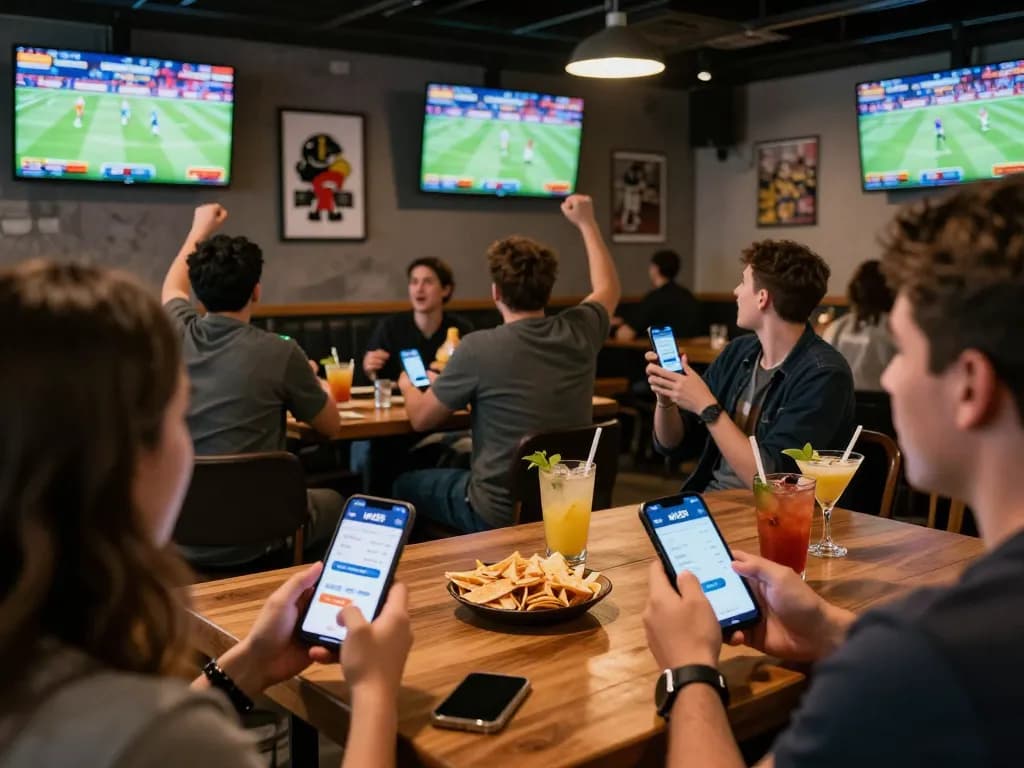 Excited sports fans engaging with the win55 betting app during a live game.