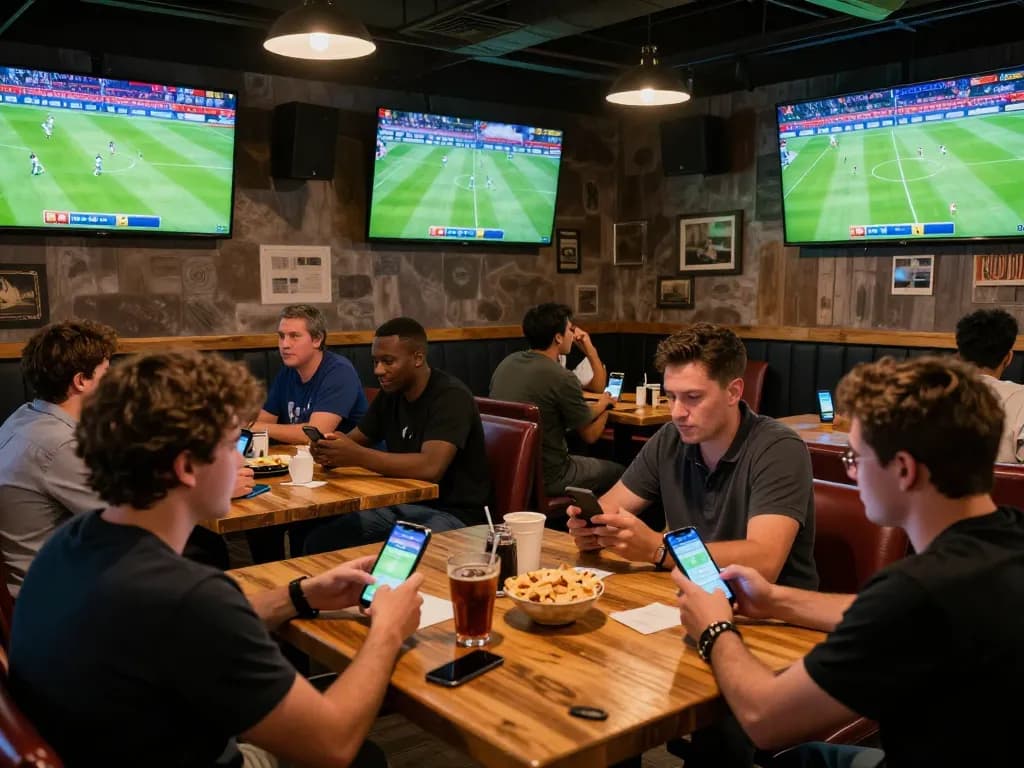 Experience Trực tiếp bóng đá at a vibrant sports bar with fans immersed in live betting.