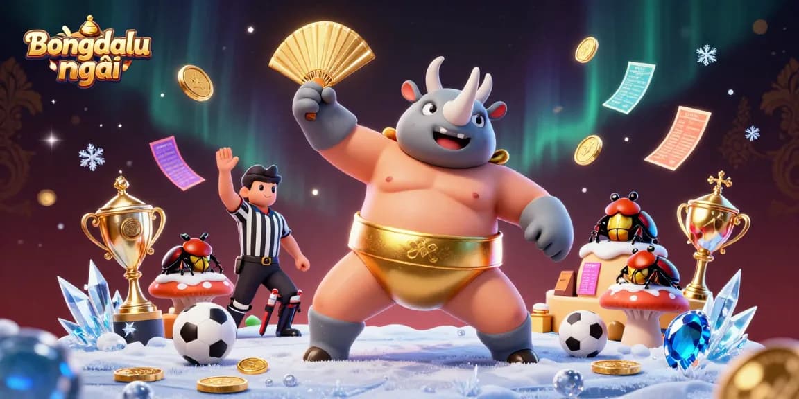 Bongdalu mới showcases a lively scene with a beetle champion amidst flying sports tokens, emphasizing sports betting action.