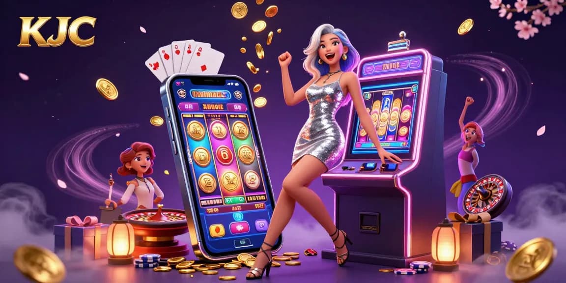 KJC celebrates with a jackpot win alongside glowing coins and dynamic slot game elements.