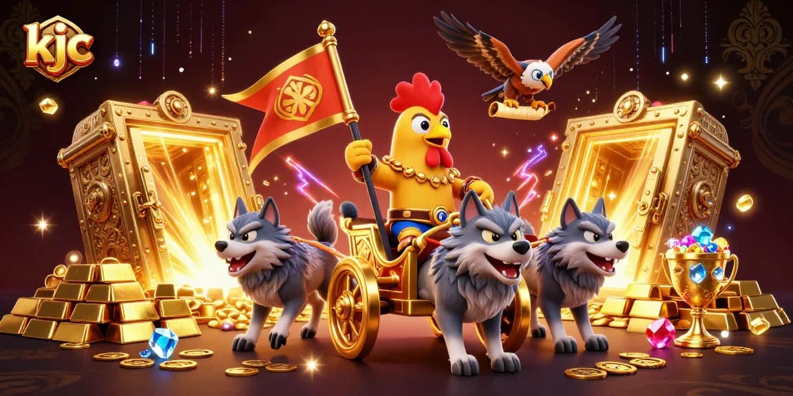 KJC offers dynamic gaming experiences with a golden chariot scene featuring a rooster warlord in a lavish casino setting.